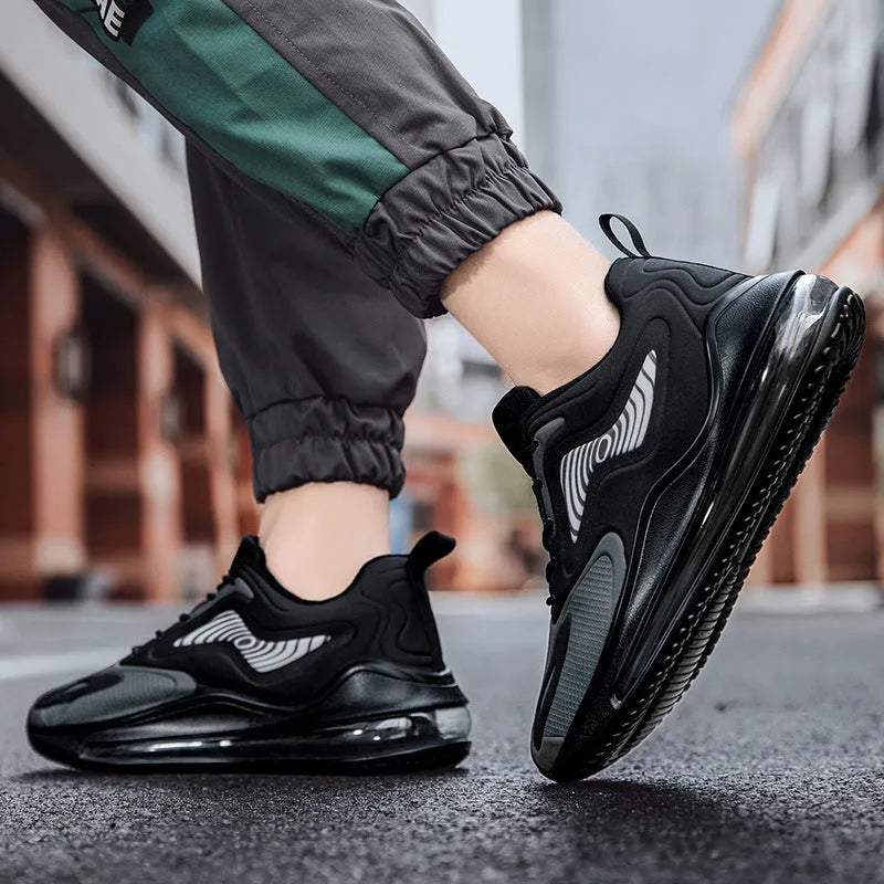 Men's mesh running shoes with composite sole, flat heel and shallow mouth opening, in black or grey, sizes 39-46