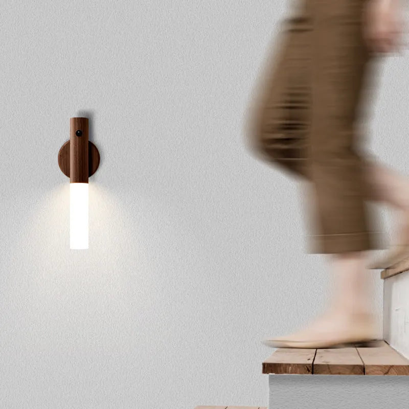 Compact smart sensor LED desk lamp with solid wood base and organic glass panel in coffee colour.