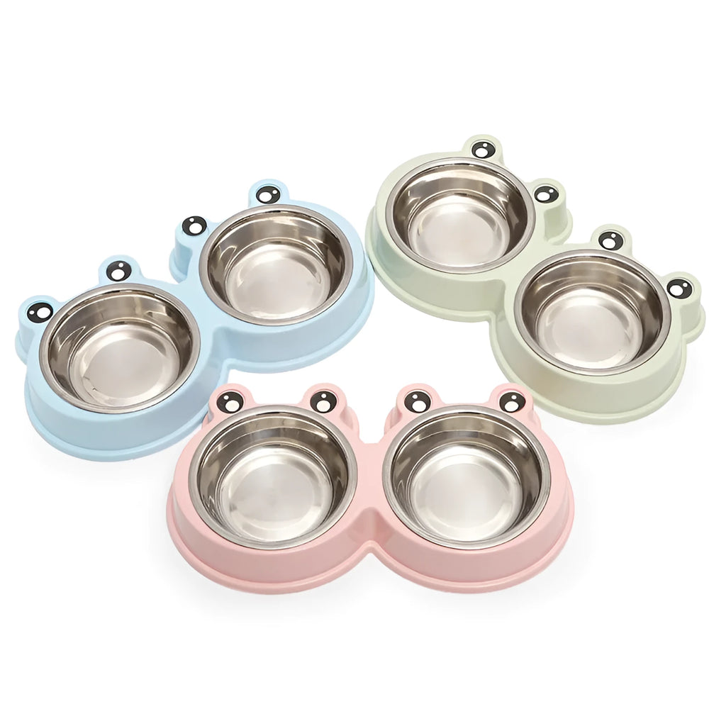 Stainless steel double pet bowl with frog-shaped non-slip base in blue, green, and pink colours