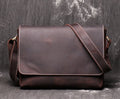 Men's vintage brown leather messenger bag with flap cover and adjustable shoulder strap