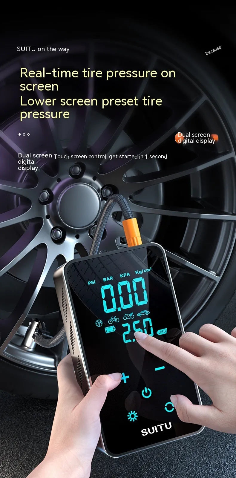 Compact wireless car tire inflator with LCD screen display and Type-C charging port shown with nozzle accessories