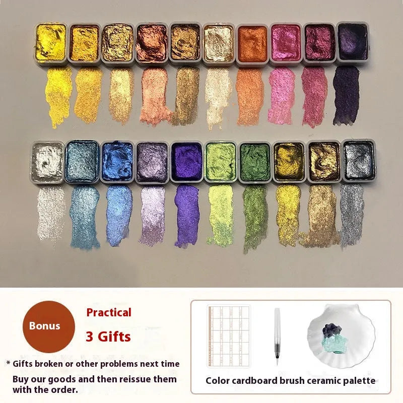 Traditional Chinese painting watercolour set showing 20 mineral pearlescent colours in tubes including metallic gold, red and white