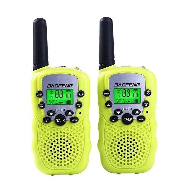 Children's handheld walkie talkie set in multiple colour options showing 22-channel capability