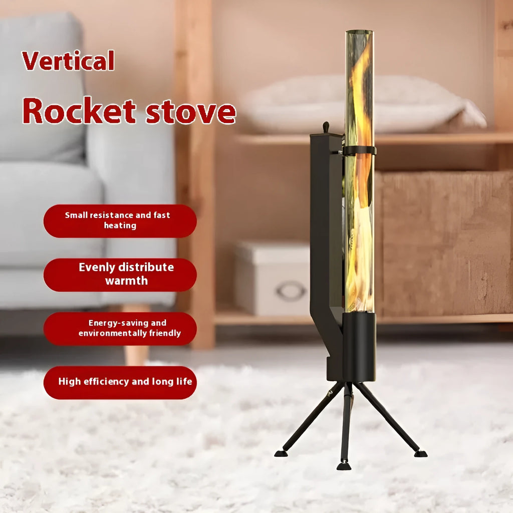 Vertical cast iron wood burning rocket furnace stove for outdoor patio and courtyard heating.