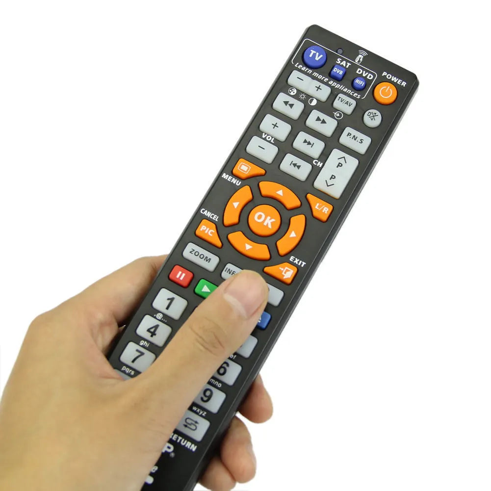 L336 black learning remote control with button layout and 8-metre transmission range