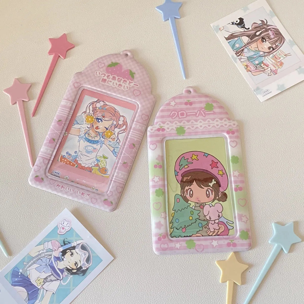 Plaid cartoon strawberry design PVC card holder pendant showing 7.6 by 13.6 cm sleeve