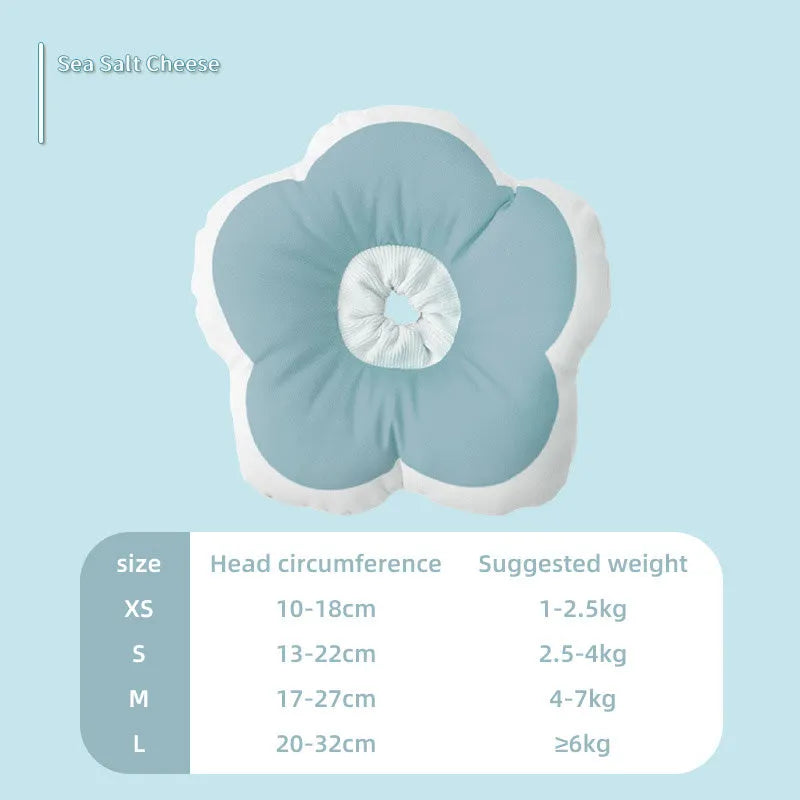 Cotton cat recovery collar with a solar-powered flower, shown in blue on a model, with adjustable fastening.