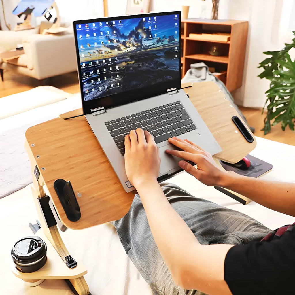 Adjustable wooden folding computer table for bed use showing white maple colour option