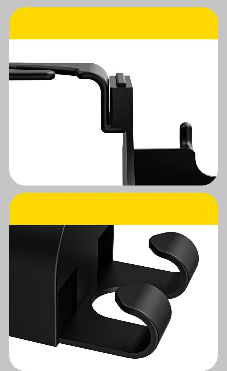 Black plastic car hook seat back accessory with cup holder and hook functions