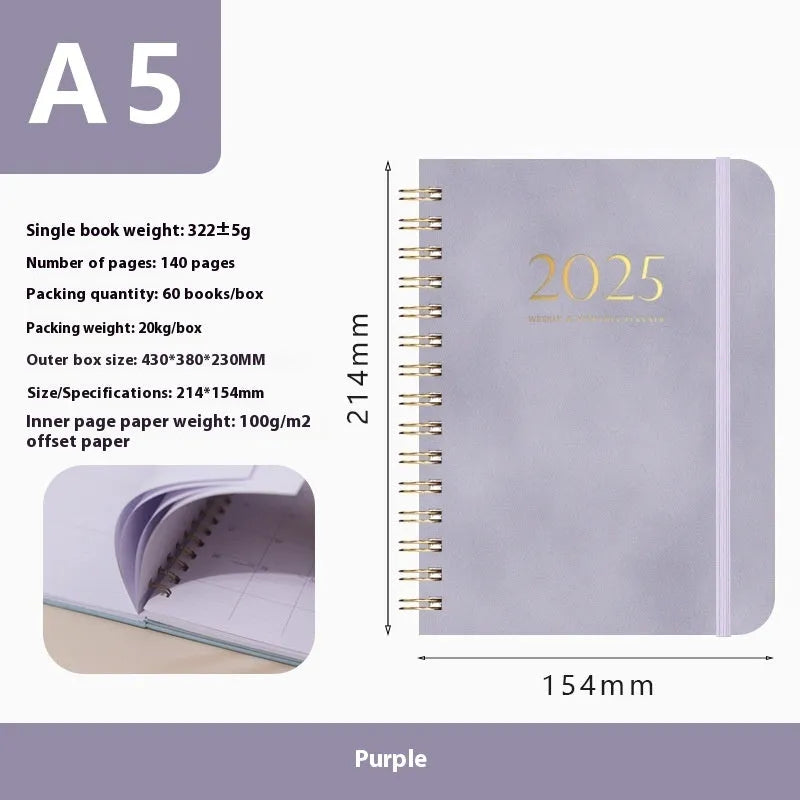 A5 size PU leather notebook with metal coil binding in a choice of colours including black, blue, brown, and pink.
