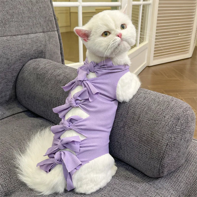 Lace-up cat sterilisation recovery garment in blue, showing adjustable ties and full torso coverage.