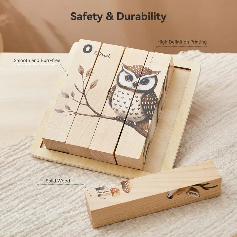 Wooden 3D puzzle panel for early childhood education with African animal or owl four-sided design