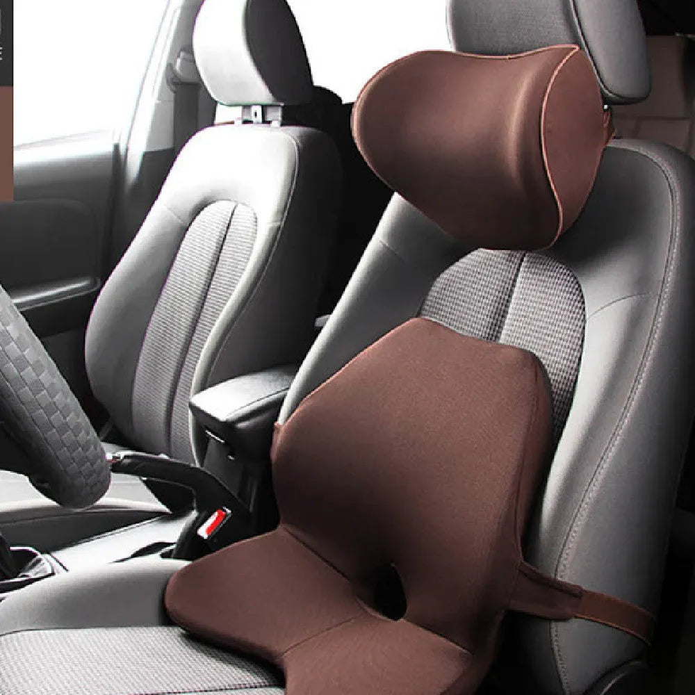 Car lumbar support cushion made with memory cotton, shown in beige, black, coffee, and grey colour options.