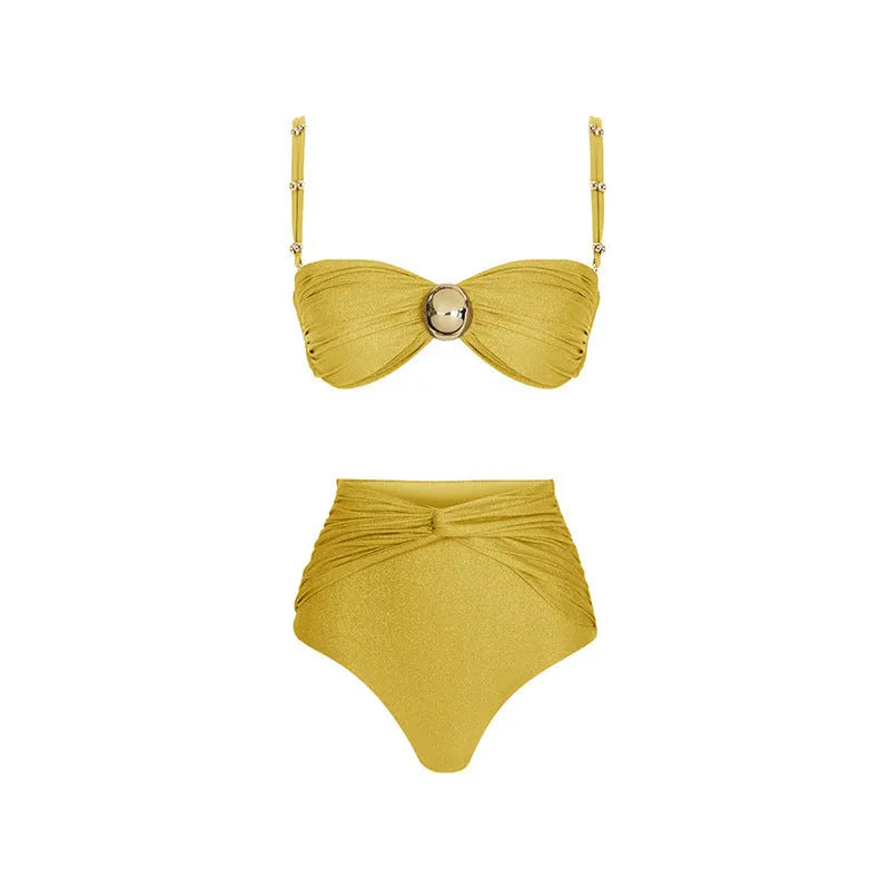 Women's green high waist split bikini swimsuit with a matching skirt on a mannequin.