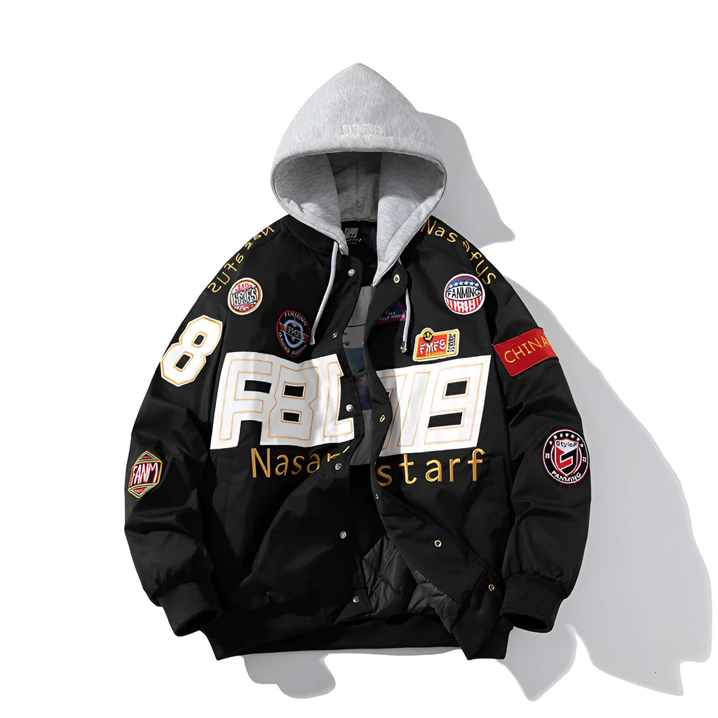 Men's black American Motorcycle Baseball Uniform jacket with detachable hood and side seam pockets