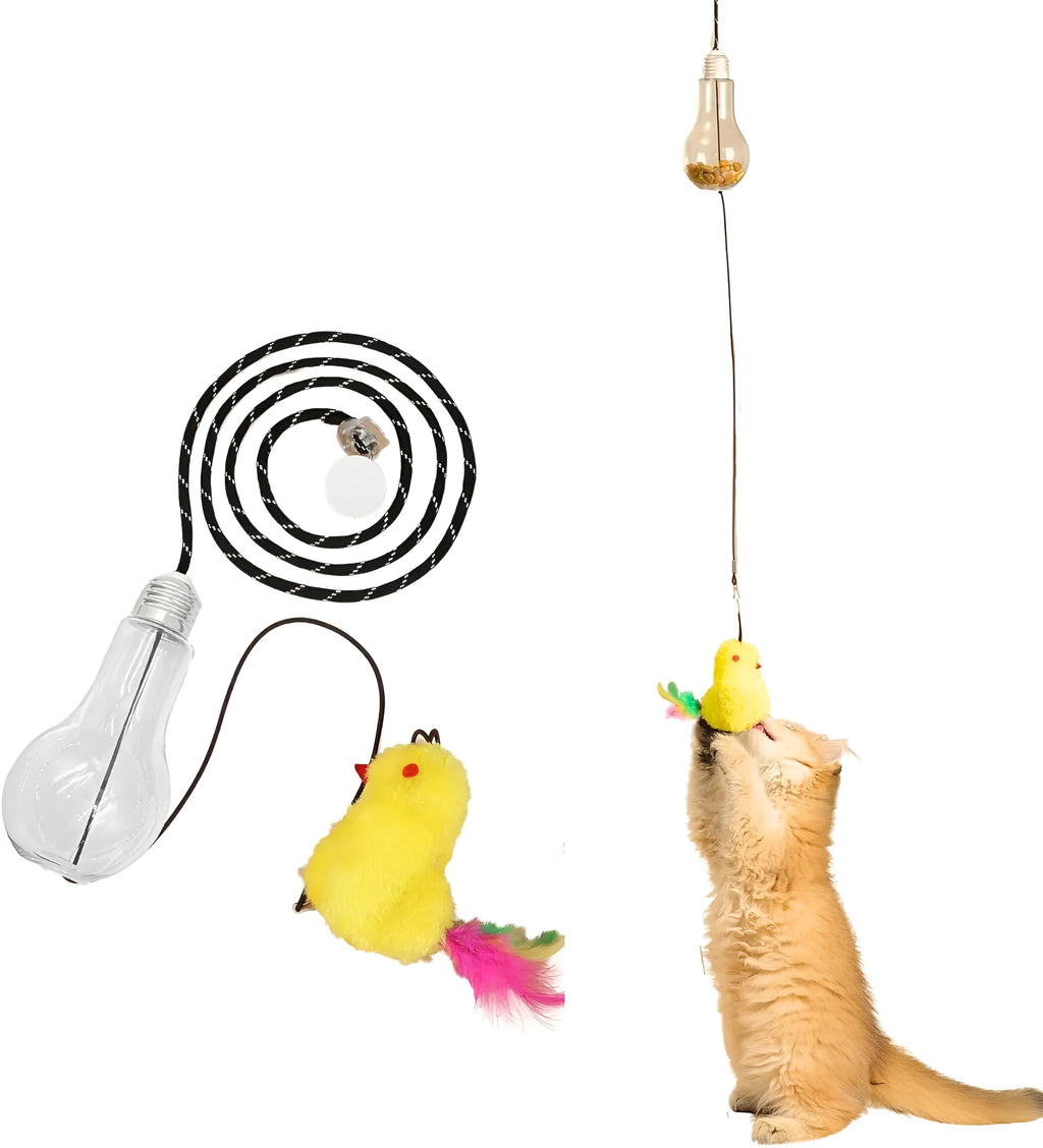 Interactive hanging cat toy with swinging mouse and chicken attachments, treat bulb, and retractable elastic rope