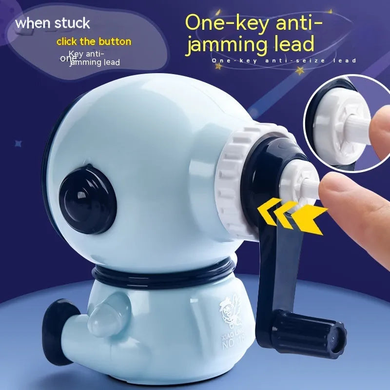 Blue astronaut pencil sharpener with manual operation and anti-jam mechanism