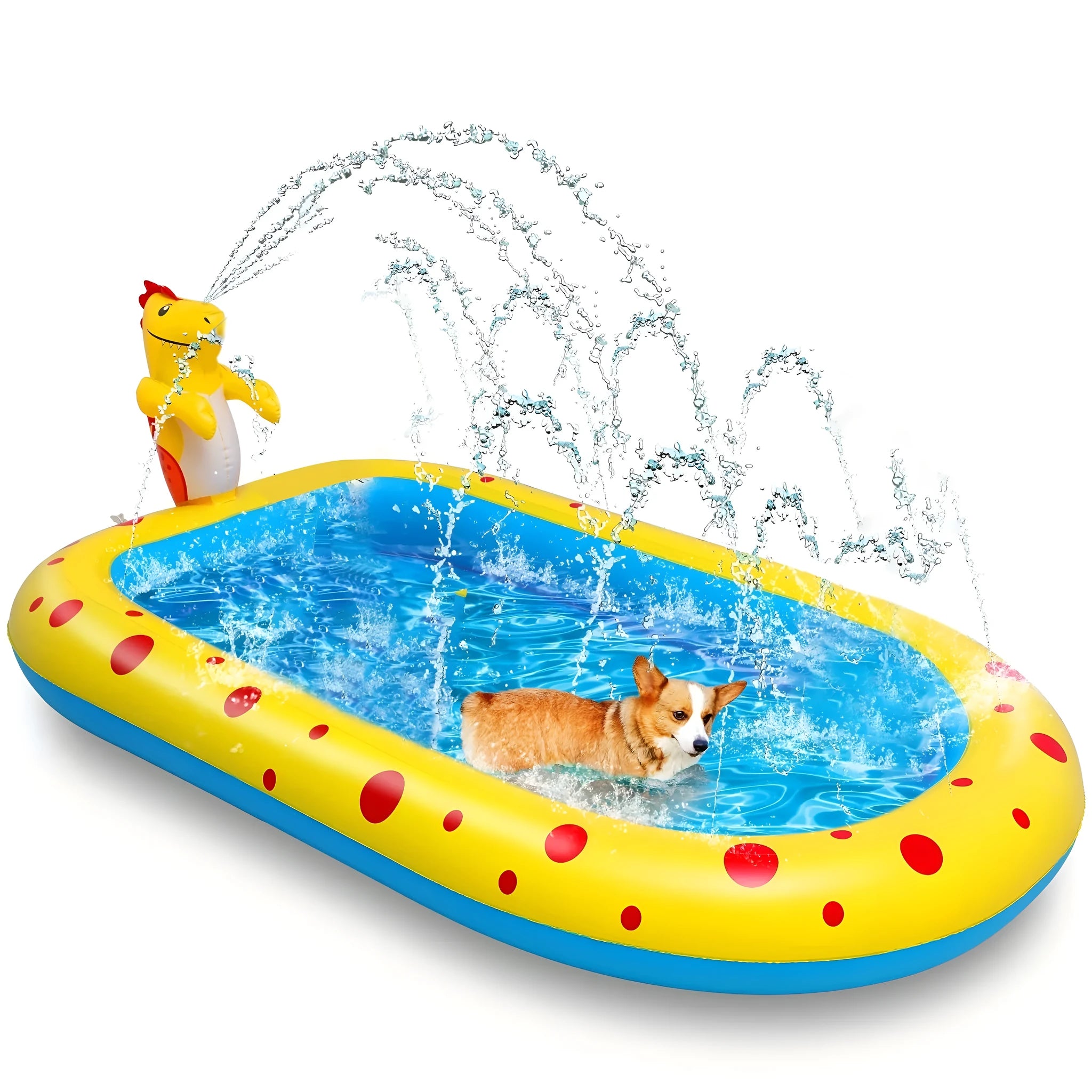 Blue dinosaur and shark inflatable water spray pool for kids outdoor play