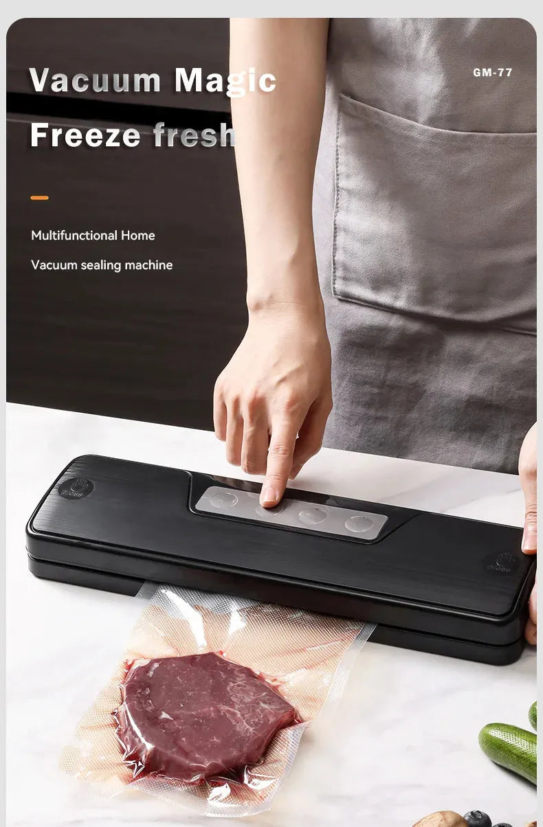 White automatic vacuum sealer machine on a kitchen countertop.