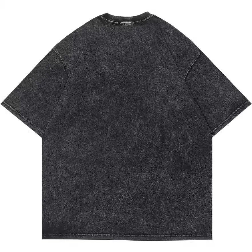 Retro cartoon print cotton-padded t-shirt for men in washed black with loose streetwear styling
