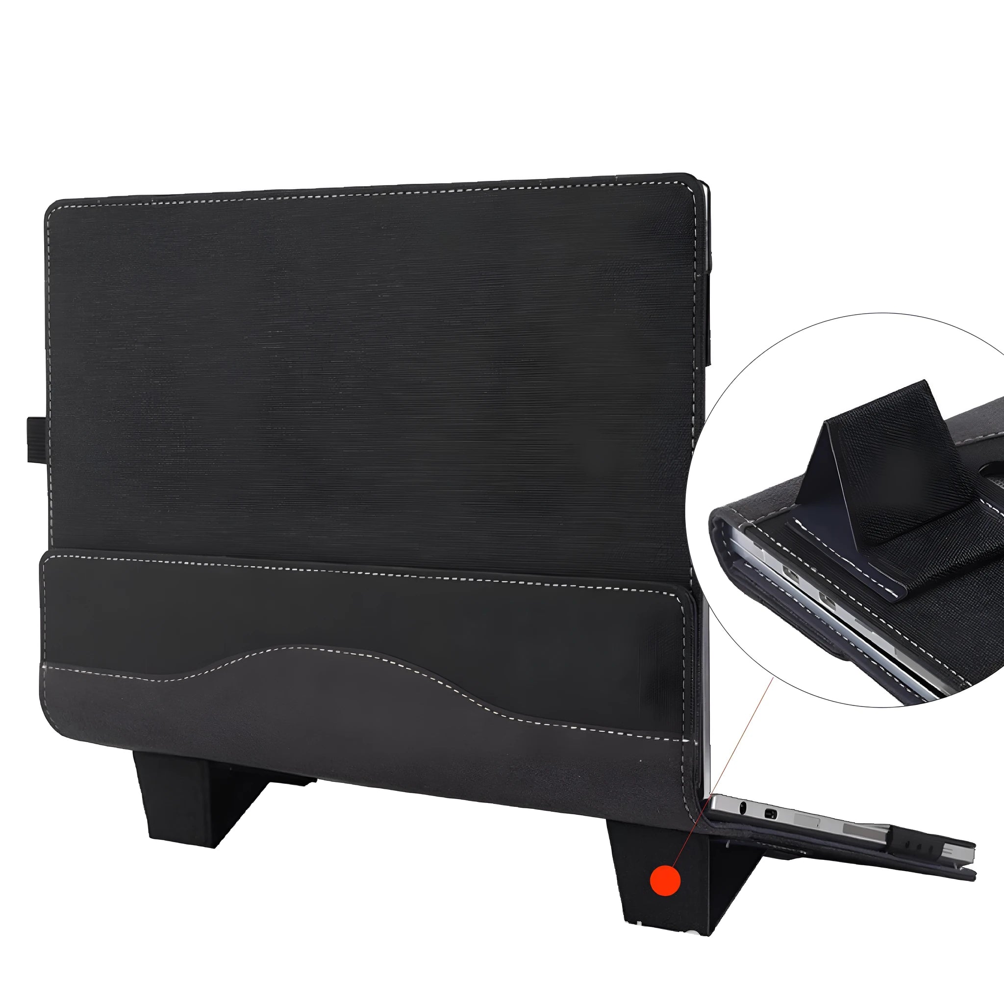 Black imitation leather protective sleeve for Microsoft Laptop6 laptops showing bracket design