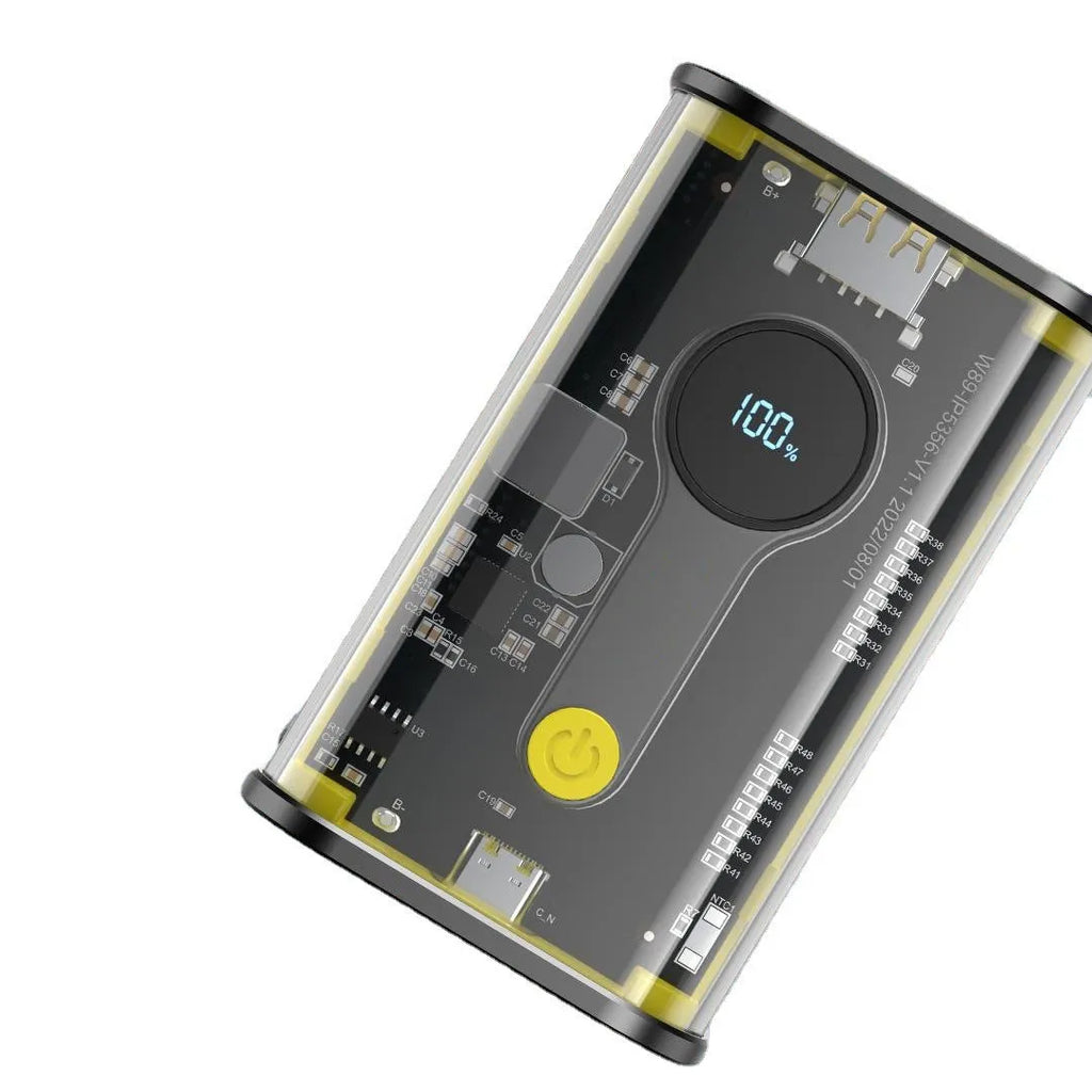 Transparent yellow industrial power bank showing internal aluminium battery case