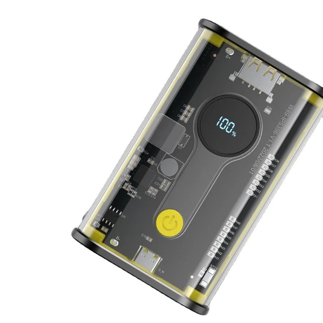 Transparent yellow industrial power bank showing internal aluminium battery case