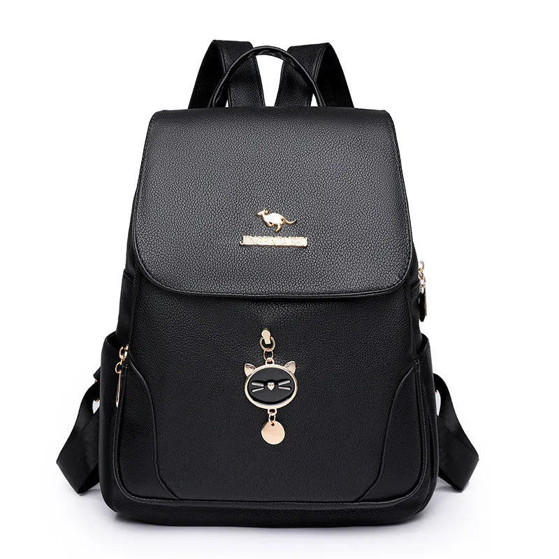Women's soft Pu leather street style backpack with three-dimensional pockets in black, blue, or taro purple