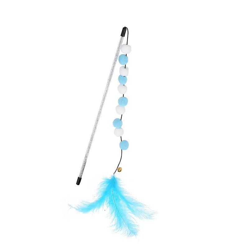Colourful cat teaser toy stick with acrylic pompon, feathers, and a bell on a 31cm rod