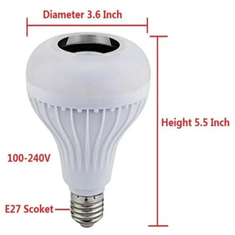 White E27 Bluetooth speaker light bulb with remote control showing 16 colour RGB lighting options
