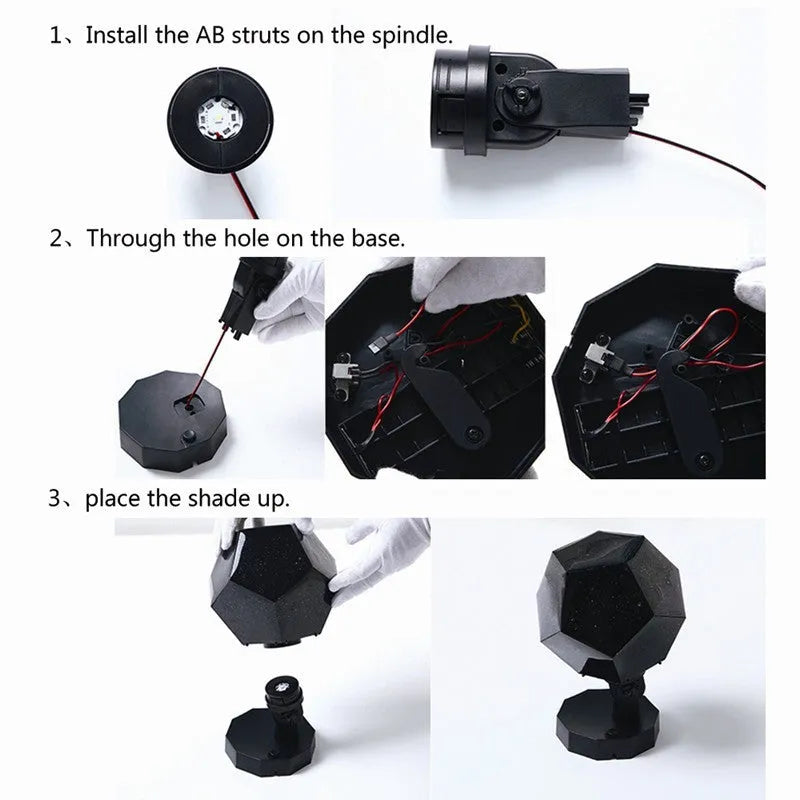 LED star projector showing constellation patterns on a ceiling, with remote control.