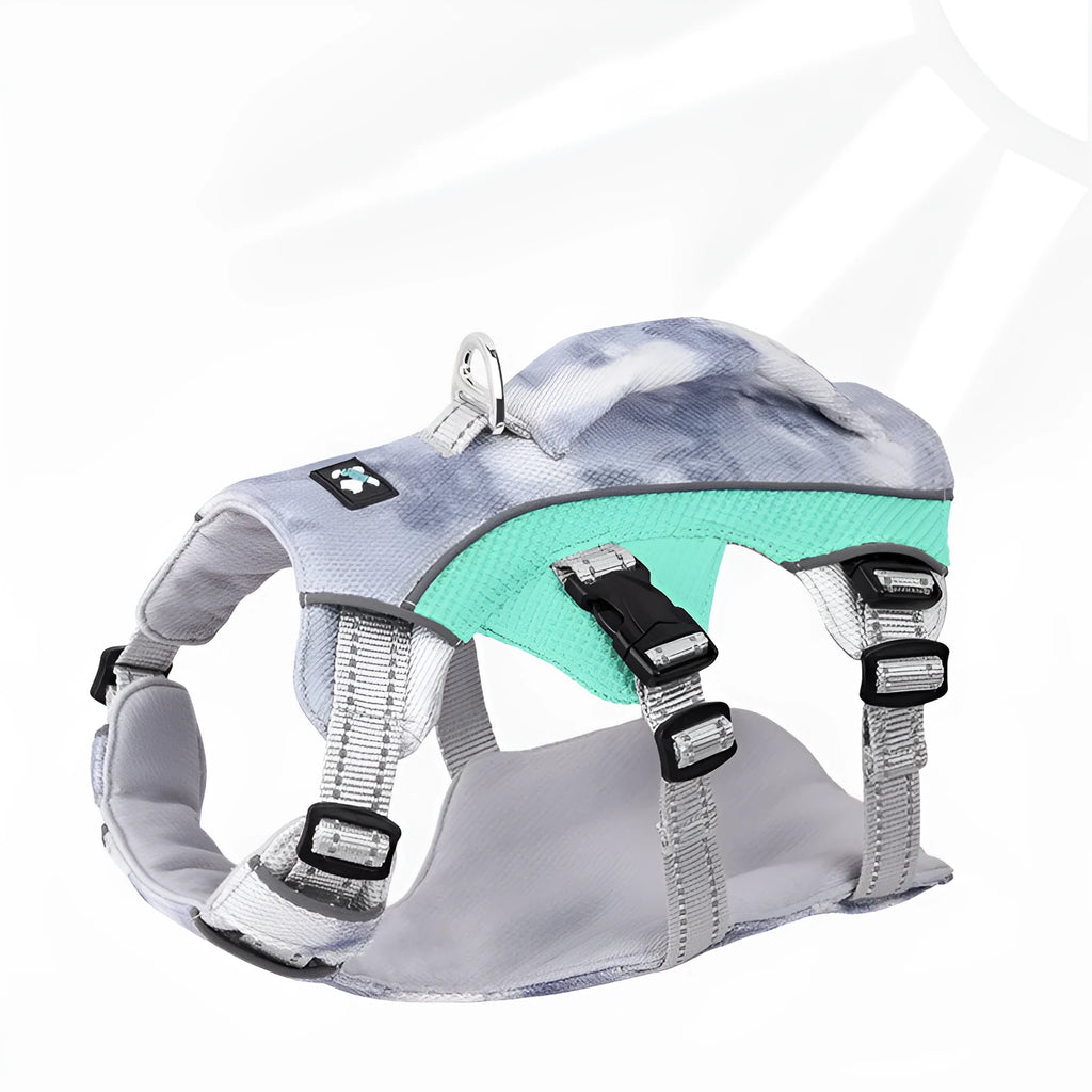 Reflective dog cooling vest chest strap in light blue polyester with adjustable sizing.