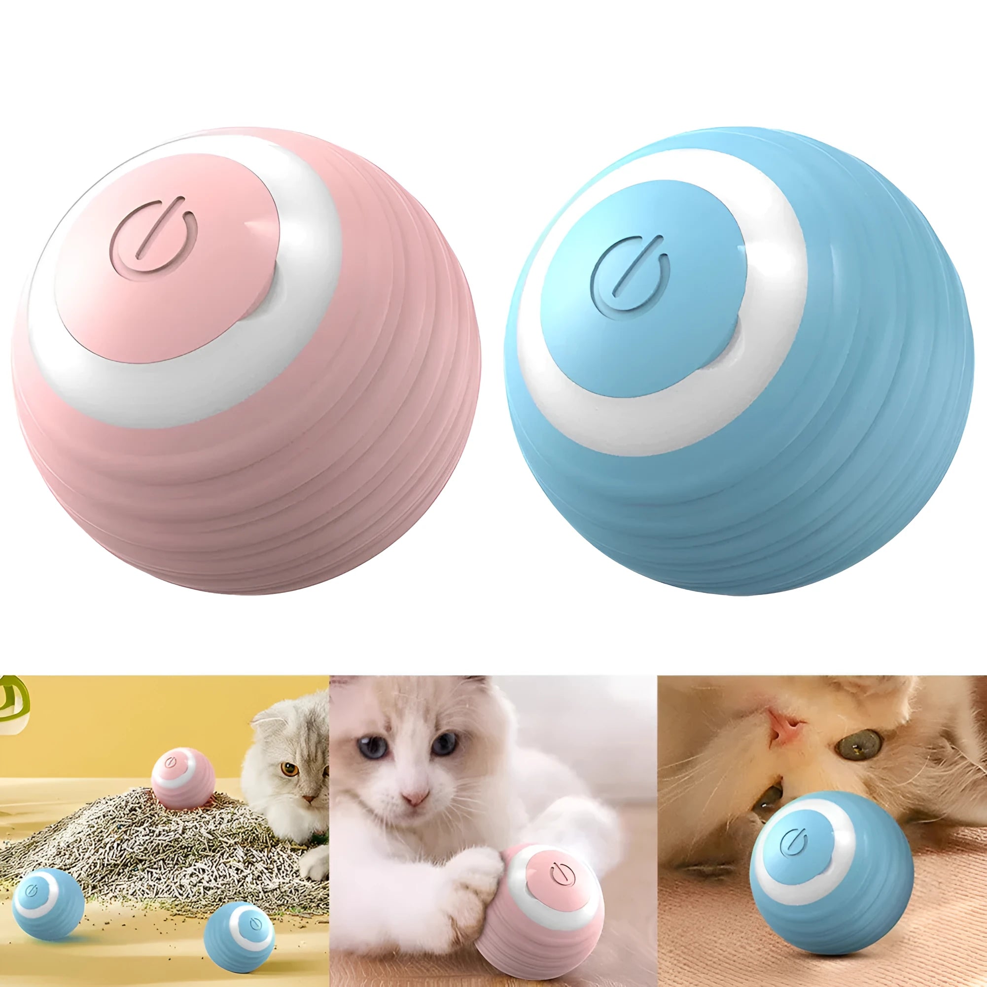 Blue automatic moving silicone ball cat toy with charging cable on hard floor