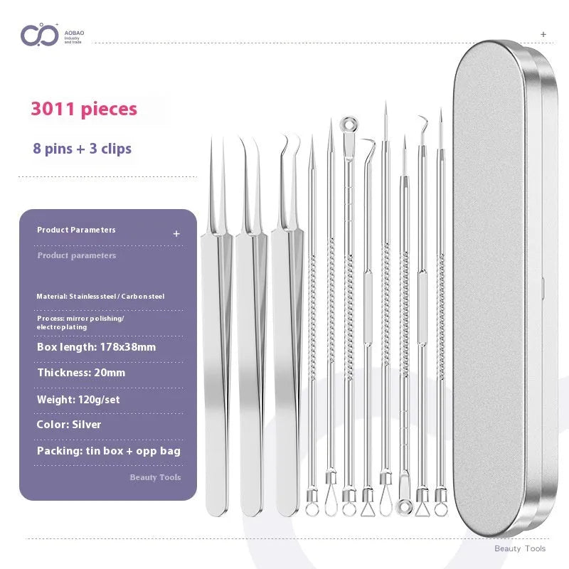 Four silver metal acne needles with fine pointed tips for blackhead removal.