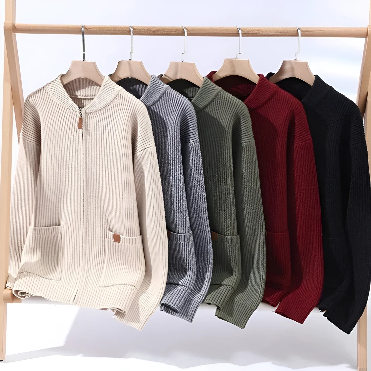 Men's straight-cut striped cardigan jacket in a chemical fibre blend, shown in beige colour.