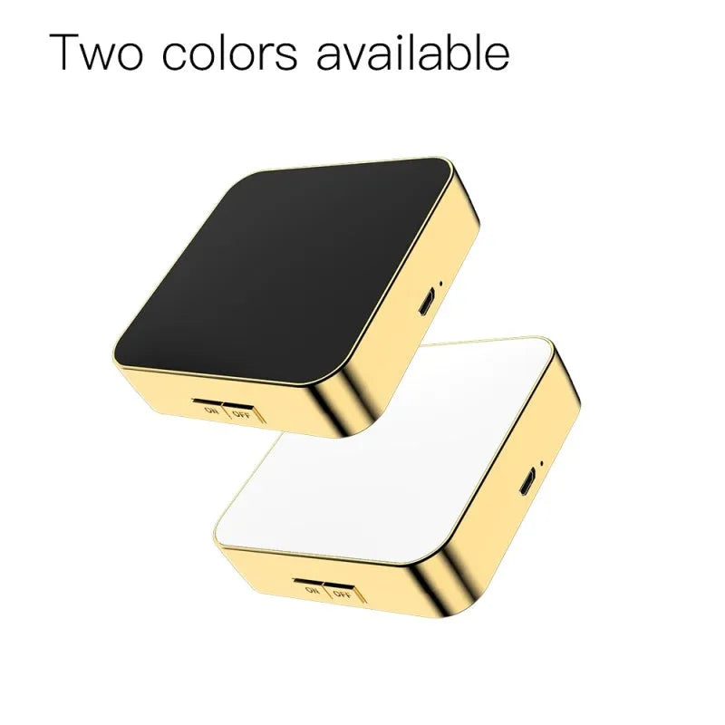 Black and white LED makeup mirror with dual surfaces including 4x magnification and adjustable lighting