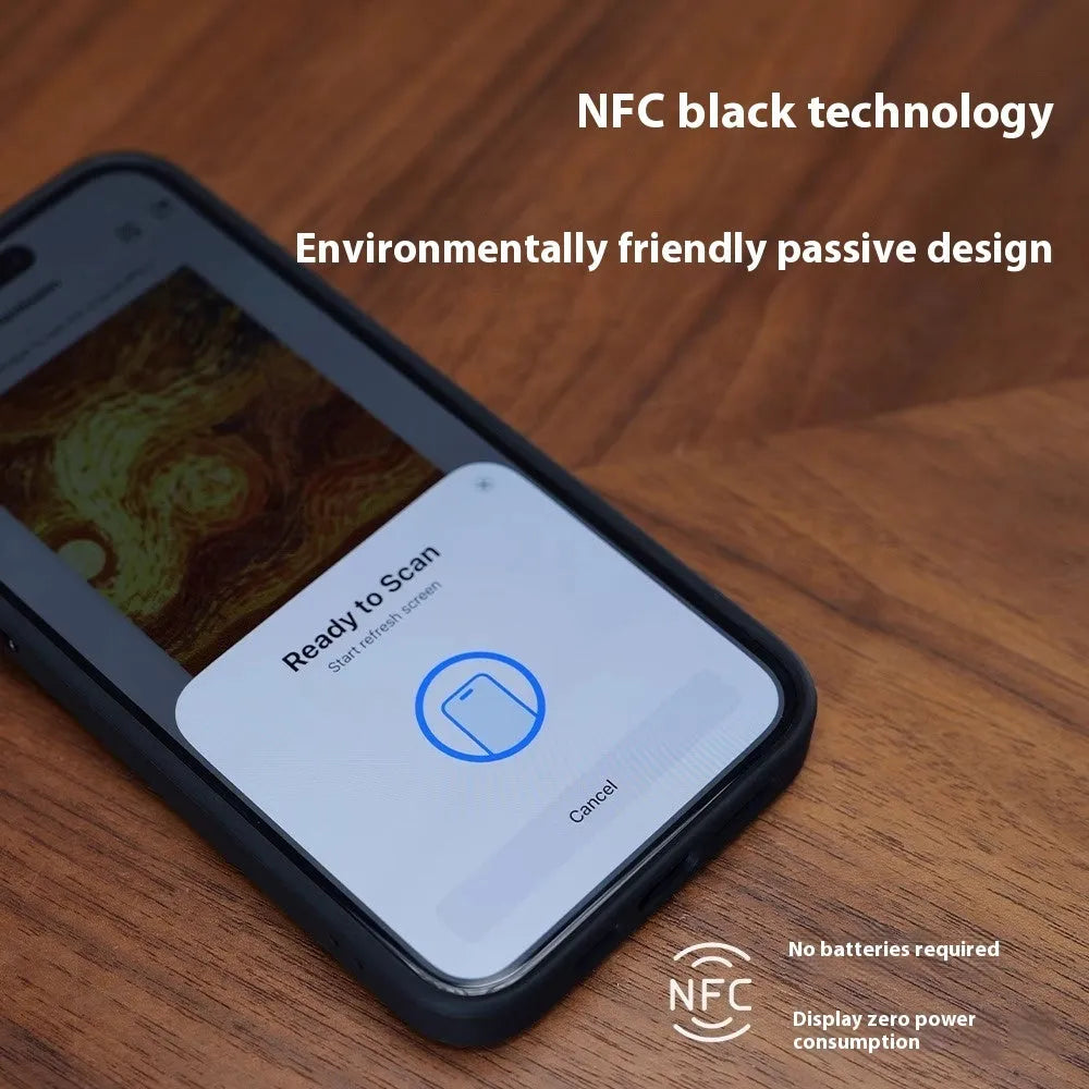 Graphite black NFC projection screen phone case with E-ink display and integrated bracket for Apple iPhone.