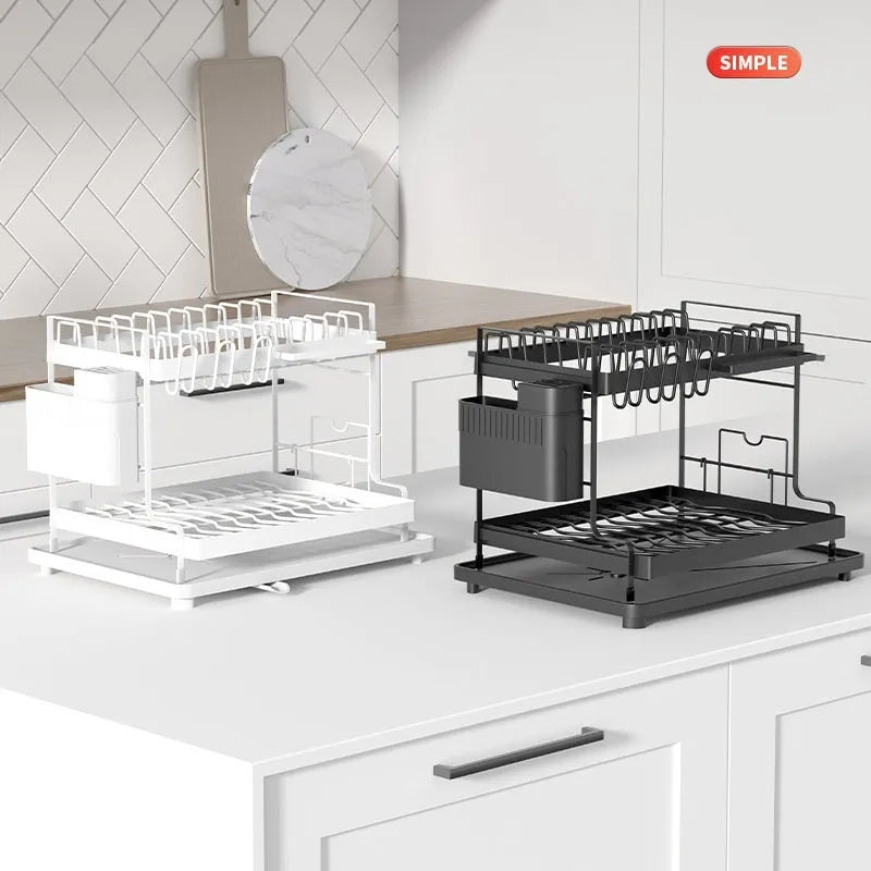 White double-layer kitchen storage rack with removable draining for utensil organisation