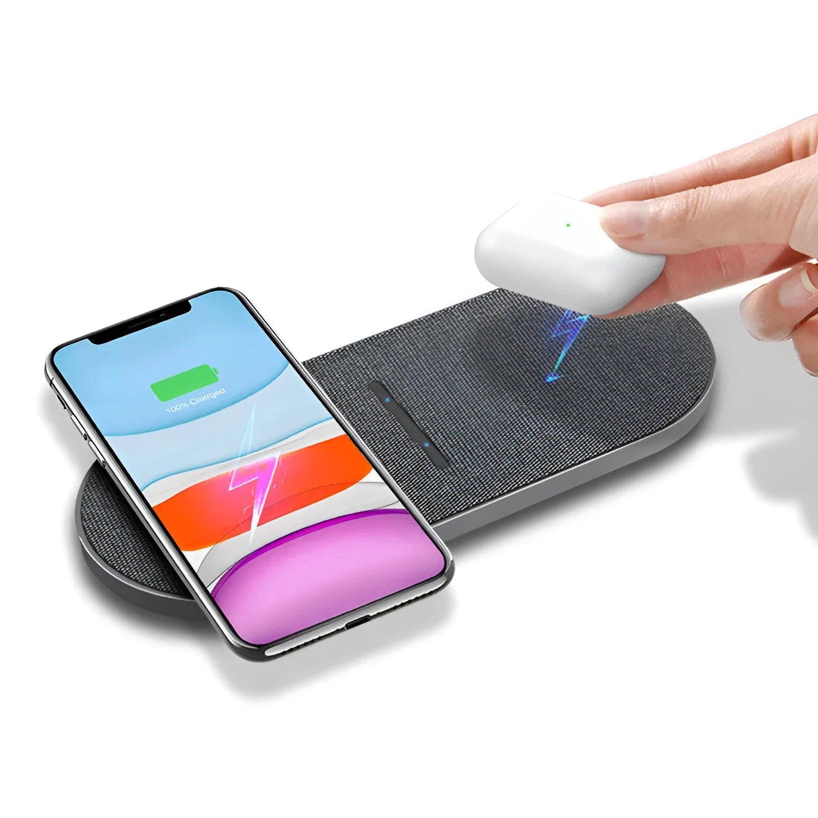 Black 10W wireless charger 2-in-1 set with two charging pads and LED indicators