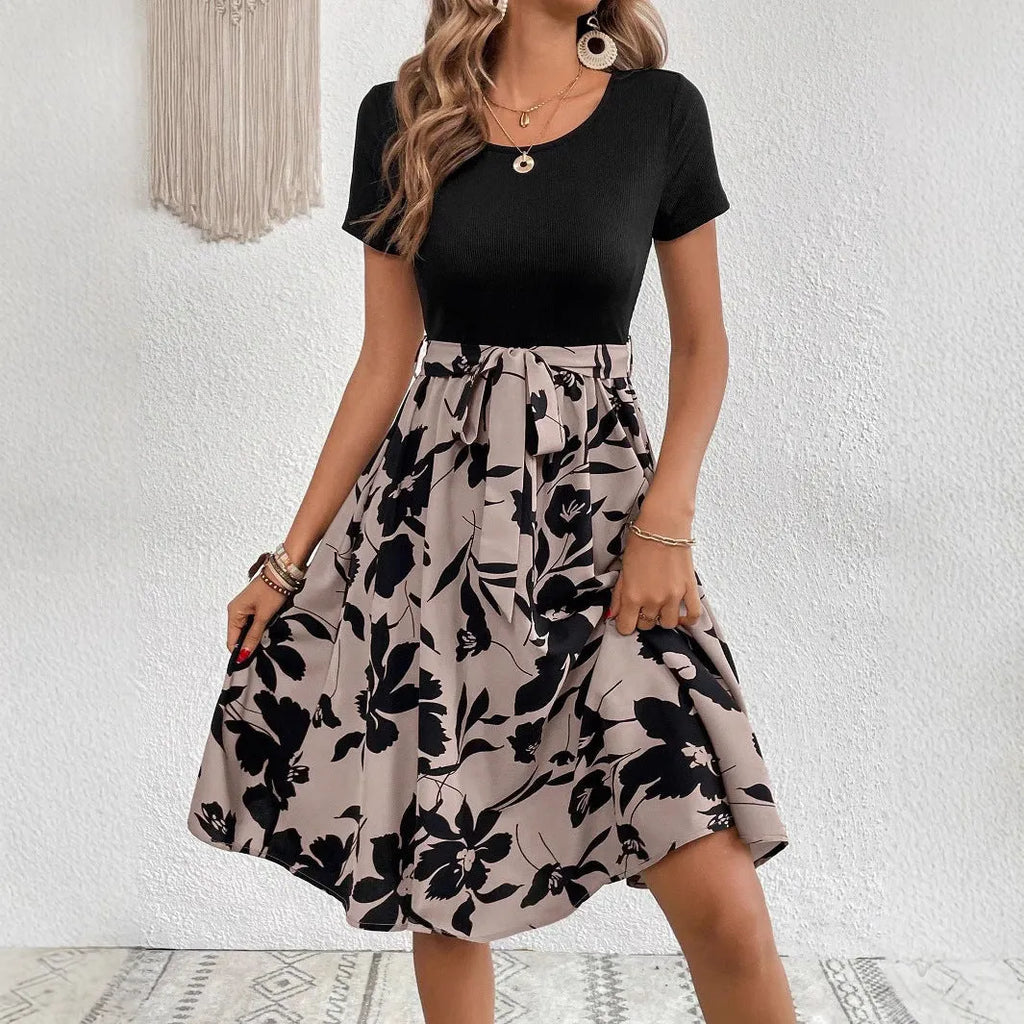 Women's casual dress with lace-up detail and plant printing pattern in A-line silhouette