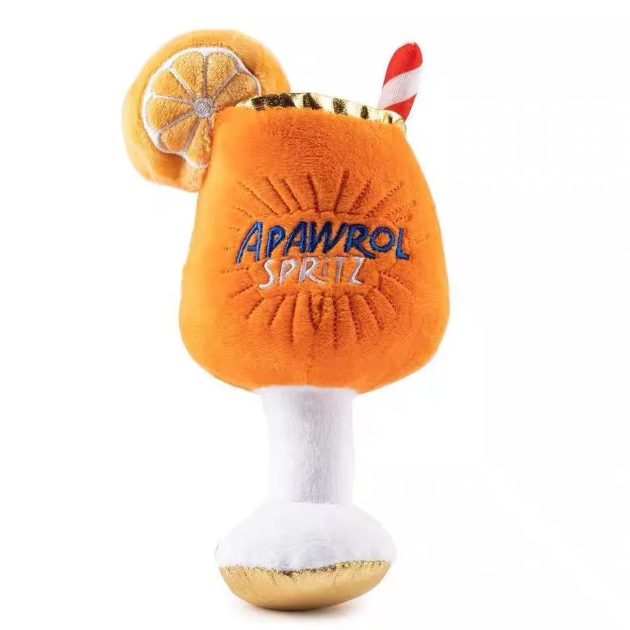 Yellow plush wine glass shaped squeaky dog toy measuring 7cm tall