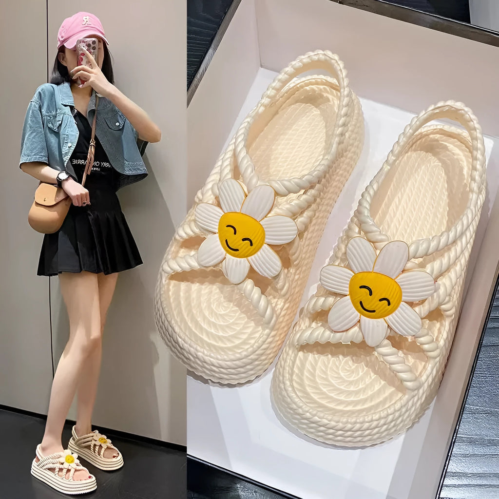 Beige PVC women's sandals with a sunflower decoration and round toe