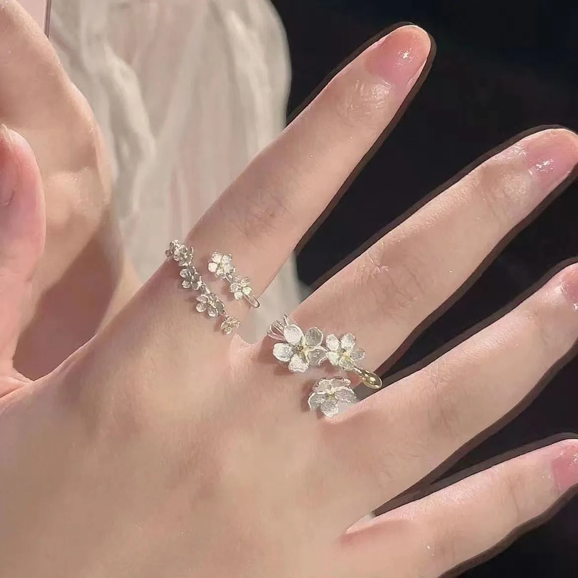 Zinc alloy open ring with 3D jasmine and camellia flowers in a cream sweet girl style.