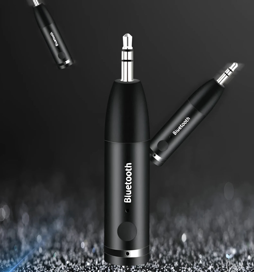 Black Bluetooth audio receiver with 3.5mm aux plug for car and home stereo wireless music streaming