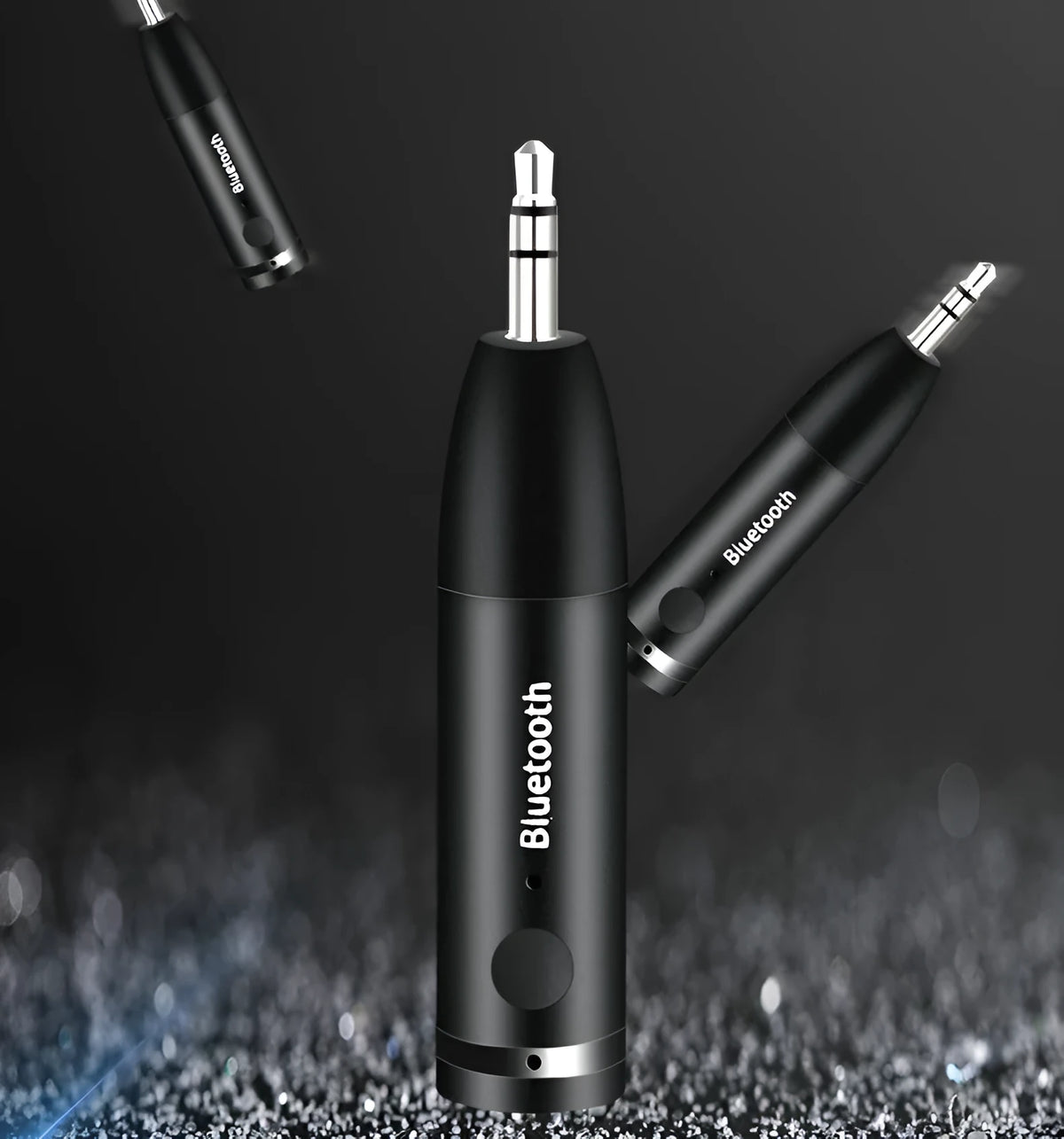 Black Bluetooth audio receiver with 3.5mm aux plug for car and home stereo wireless music streaming