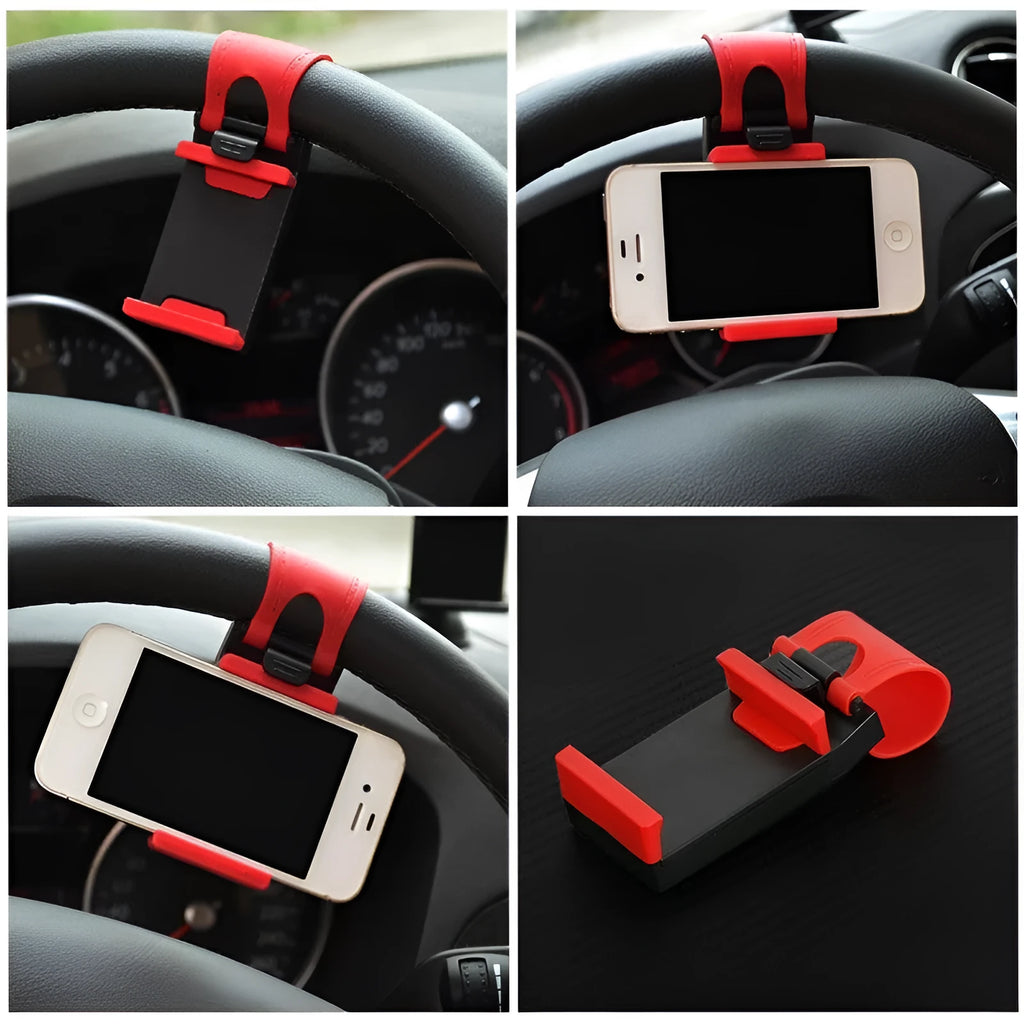 Black car steering wheel phone mount holder attached to vehicle steering wheel