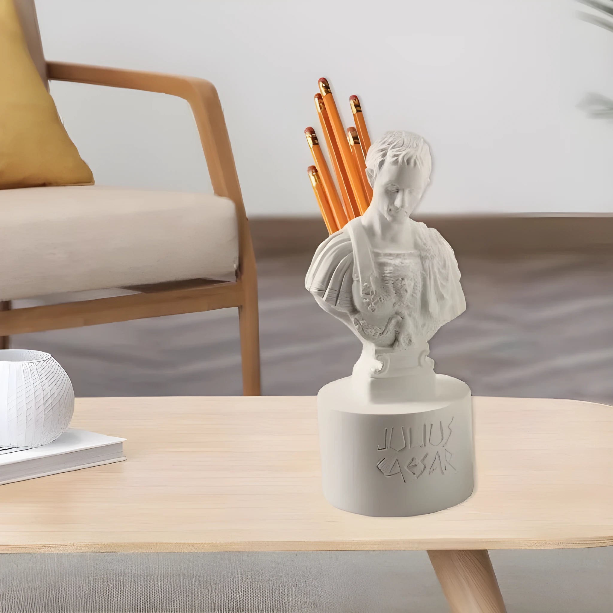 White American character modelling pen holder for desk organisation and stationery storage