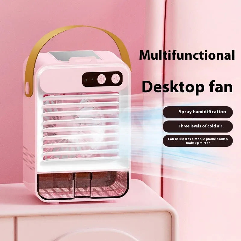 Dark green USB desktop air humidifier measuring 19cm wide with 5 plastic fan blades