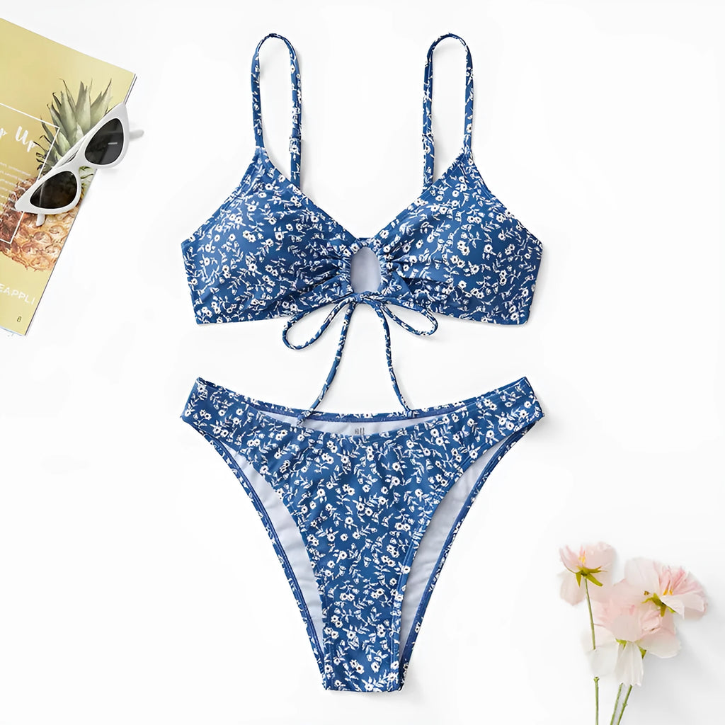 Blue polyester swimsuit three-piece set without a steel ring, showing top and shorts.