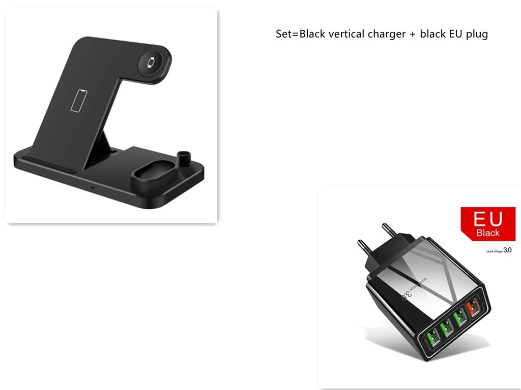 4-in-1 wireless charging station showing phone, Apple Watch, and AirPods charging on adjustable magnetic stand.